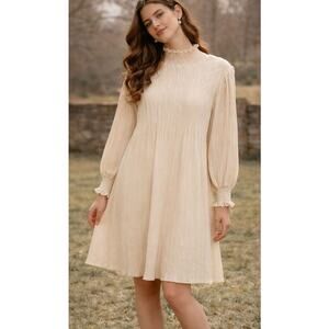 Romantic Prairie Victorian Pleated Smocked Dress L Cream Cottagecore Soft Clean